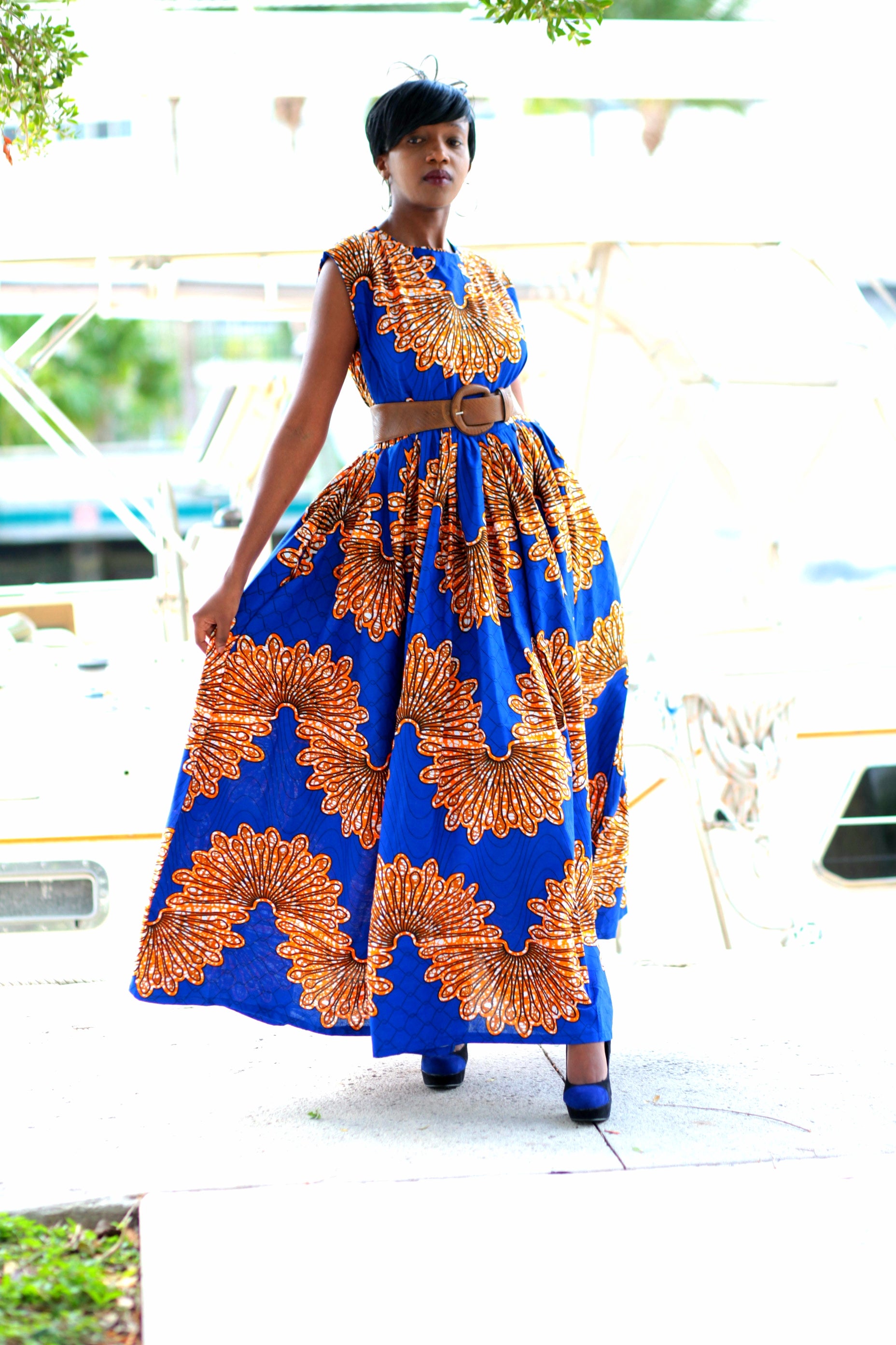 African Print Maxi Dress - Royal Blue/Brown /Orange - Africas Closet