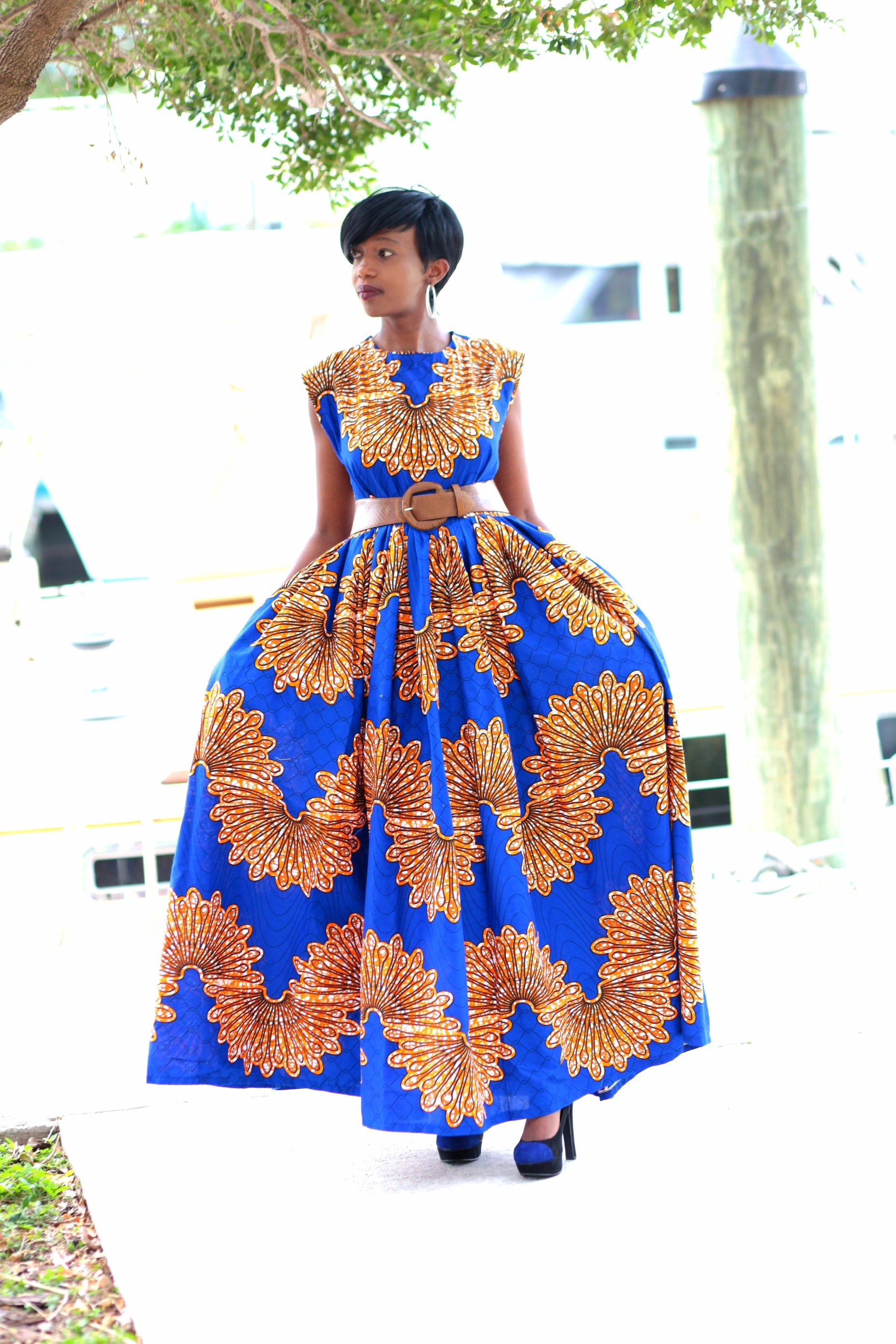 African Print Maxi Dress - Royal Blue/Brown /Orange - Africas Closet