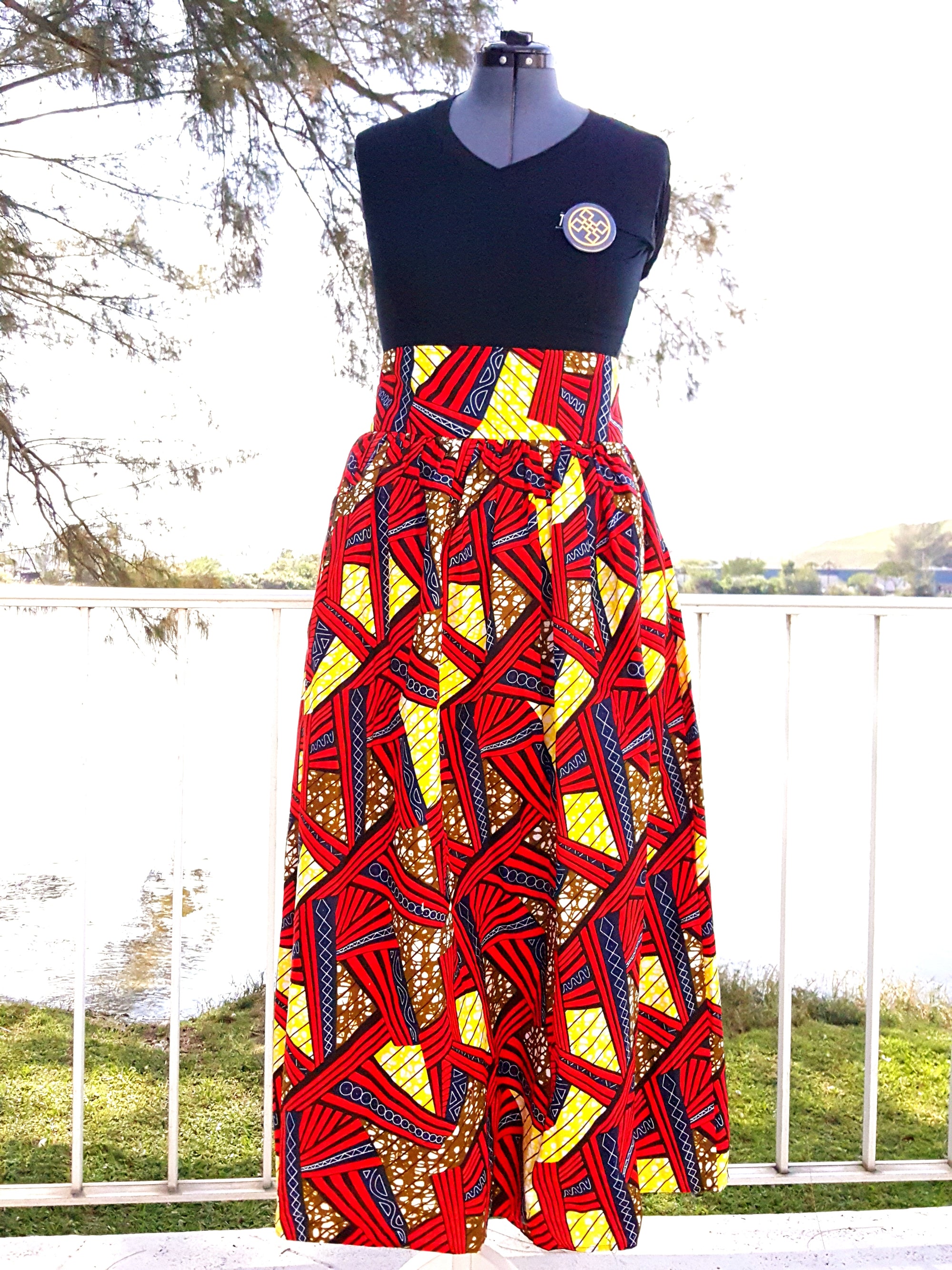 African Print Maxi Skirt-Red Yellow Geometric Print - Africas Closet