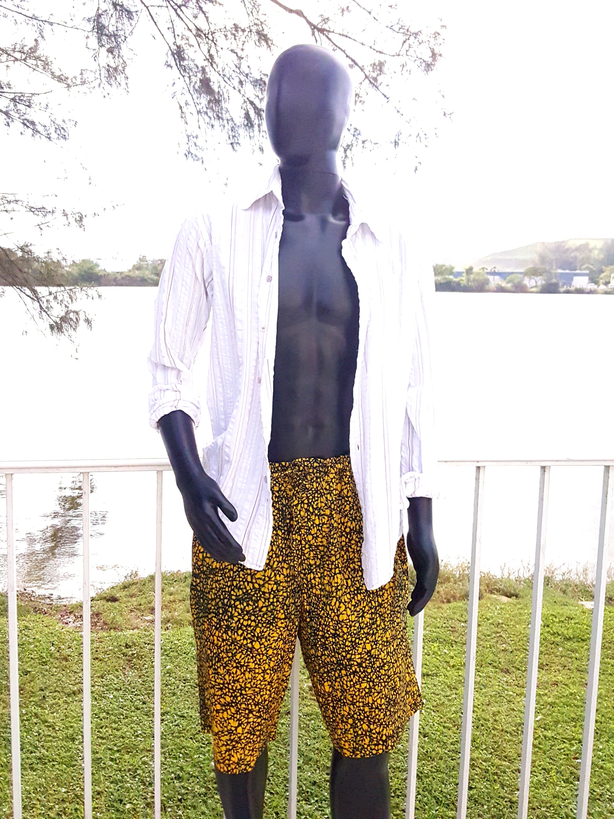 African Print Men Board Shorts-Gold/Black Fern Print - Africas Closet