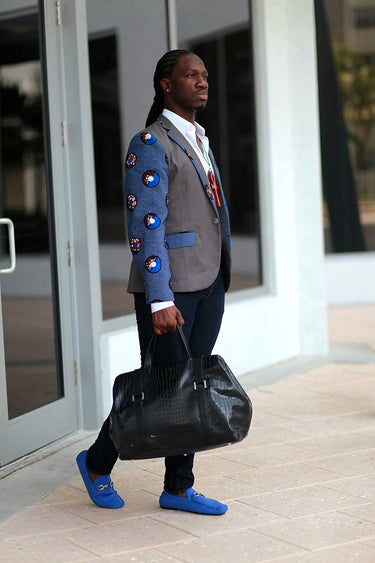 African Mens Blazer Jacket - Grey/Blue Circle (Concentric) Print - Africas Closet