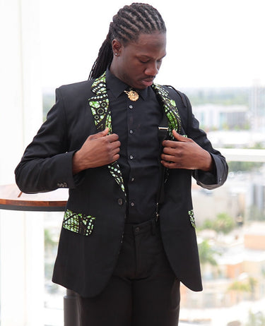 African Mens Blazer Jacket - Green/Black Batik Print - Africas Closet