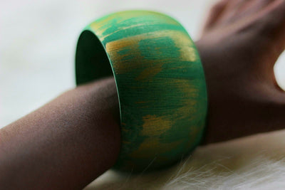 African Wide Wooden Bangles - Gold / Green Painted - Africas Closet
