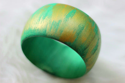 African Wide Wooden Bangles - Gold / Green Painted - Africas Closet