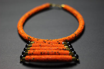 African Maasai Beaded Orange Statement  Necklace - Africas Closet