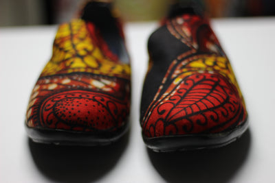 African Print /Ankara Flat Shoes /Loafers(slip ons) - Red,Yellow and Brown Floral Print. - Africas Closet