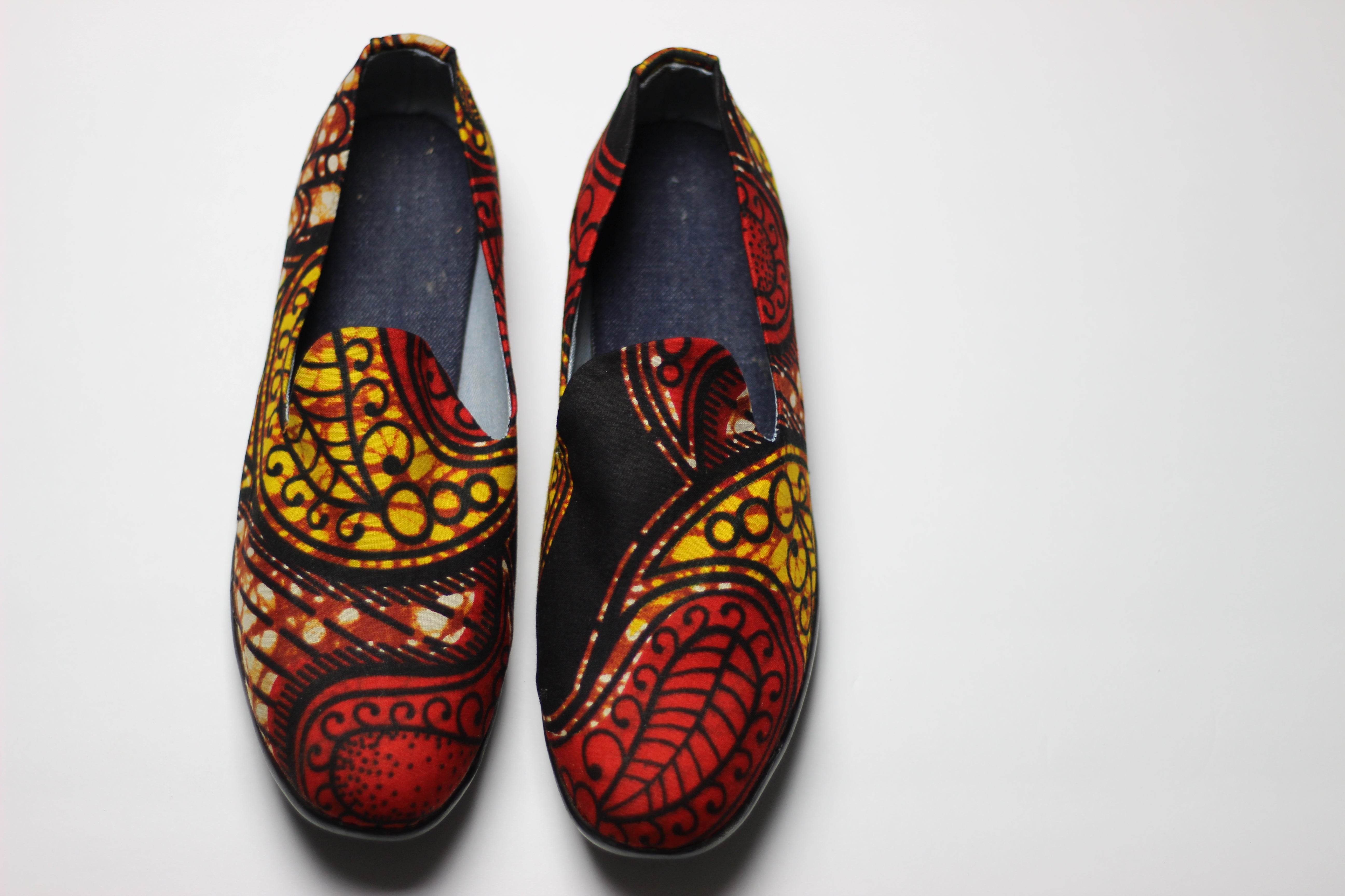 African Print /Ankara Flat Shoes /Loafers(slip ons) - Red,Yellow and Brown Floral Print. - Africas Closet