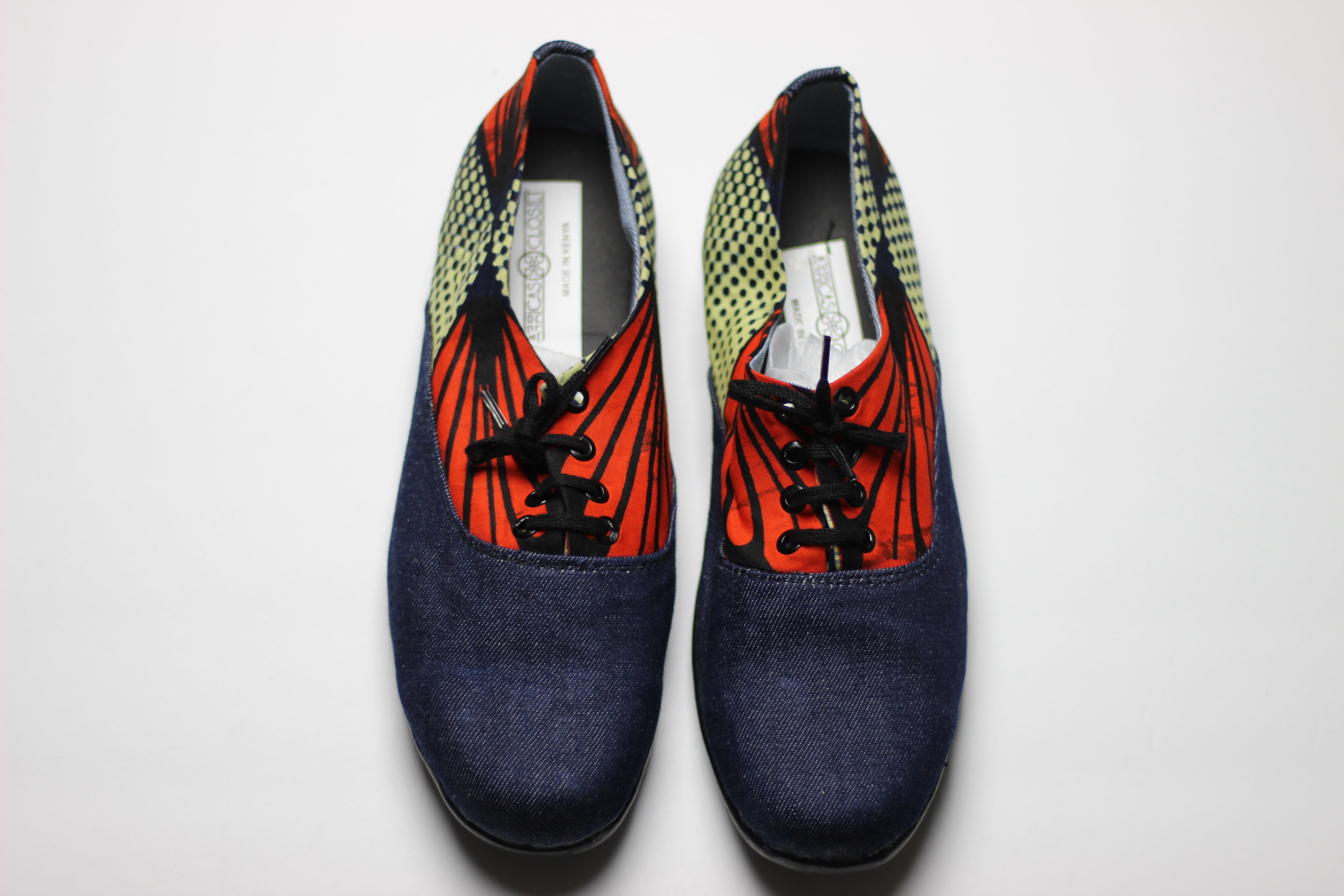 African Print /Ankara Flat Shoes /Loafers(with laces) Denim Detail - Red and Navy Blue Floral Print. - Africas Closet