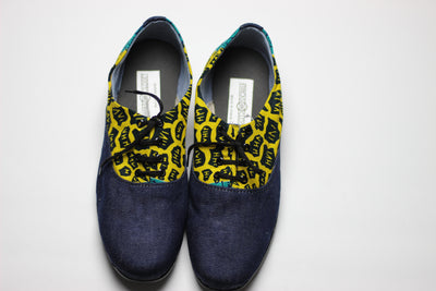 African Print /Ankara Flat Shoes (with laces) Denim Detail - Yellow and Green Animal Print. - Africas Closet