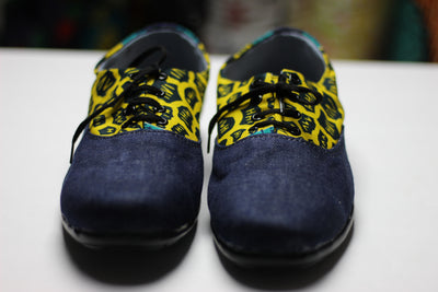 African Print /Ankara Flat Shoes (with laces) Denim Detail - Yellow and Green Animal Print. - Africas Closet