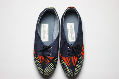 African Print /Ankara Flat Shoes (with laces) Denim detail- Red and Navy Blue Floral Print. - Africas Closet