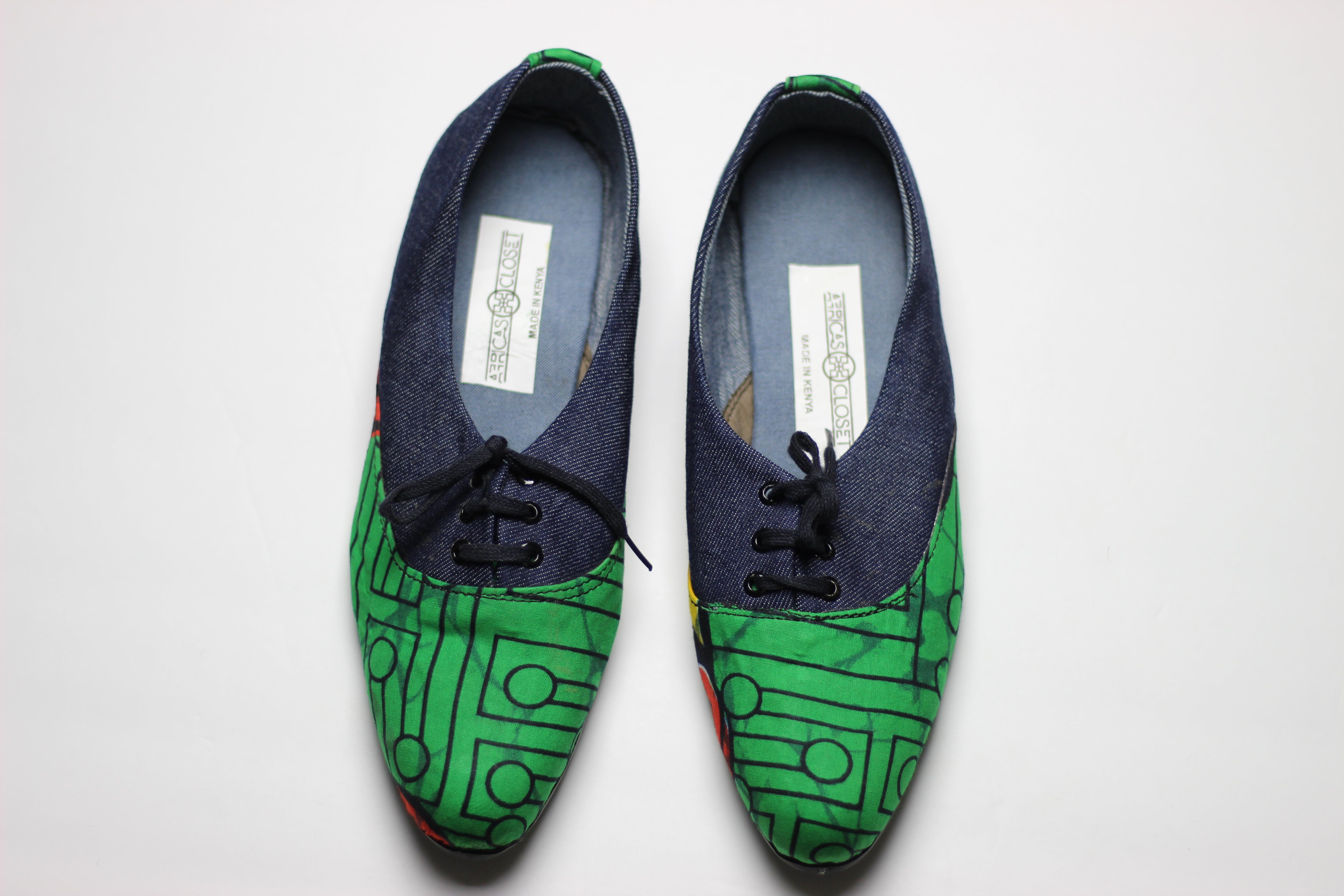 African Print /Ankara Flat Shoes (with laces) Denim detail - Red and Green Animal Print. - Africas Closet