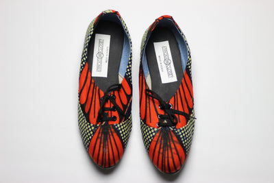 African Print /Ankara Flat Shoes (with laces) -  Red and Navy Blue Floral Print. - Africas Closet