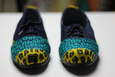 African Print /Ankara Flat Shoes (with laces) Denim detailed - Yellow and Green Animal Print. - Africas Closet