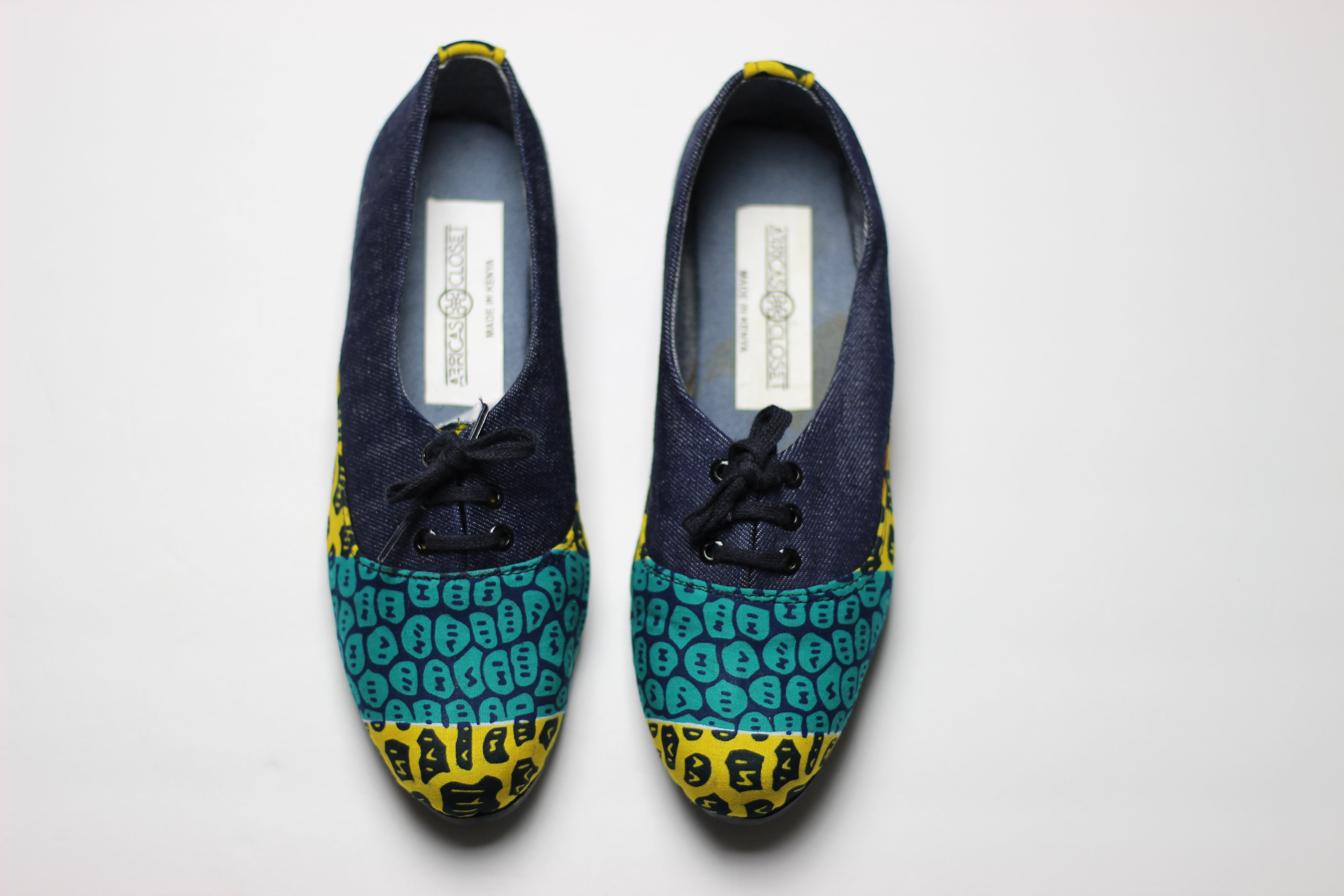 African Print /Ankara Flat Shoes (with laces) Denim detailed - Yellow and Green Animal Print. - Africas Closet