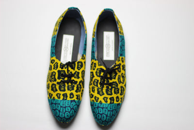 African Print /Ankara Flat Shoes (with laces) - Yellow and Green Animal Print. - Africas Closet