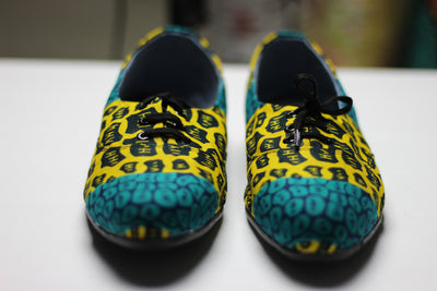 African Print /Ankara Flat Shoes (with laces) - Yellow and Green Animal Print. - Africas Closet