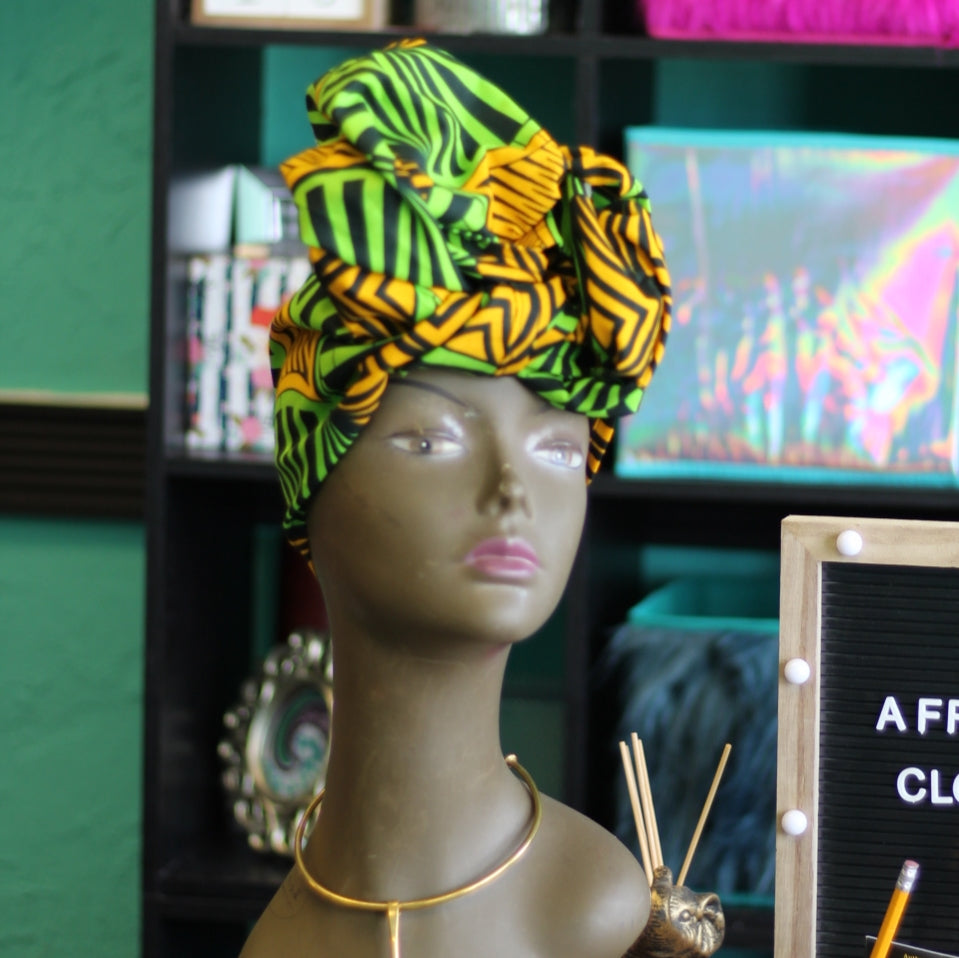 African Print Head Wrap - Green/Mustard Yellow/Black Geomertric print