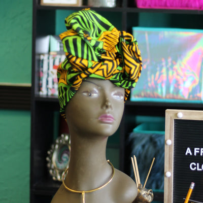 African Print Head Wrap - Green/Mustard Yellow/Black Geomertric print - Africas Closet