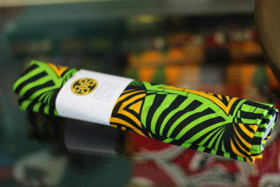 African Print Head Wrap - Green/Mustard Yellow/Black Geomertric print - Africas Closet