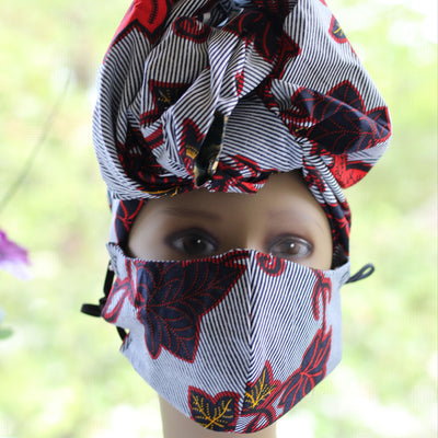 Ankara /African Print Mask (Headwrap Set) -  White/Black / Red Floral Print - Africas Closet