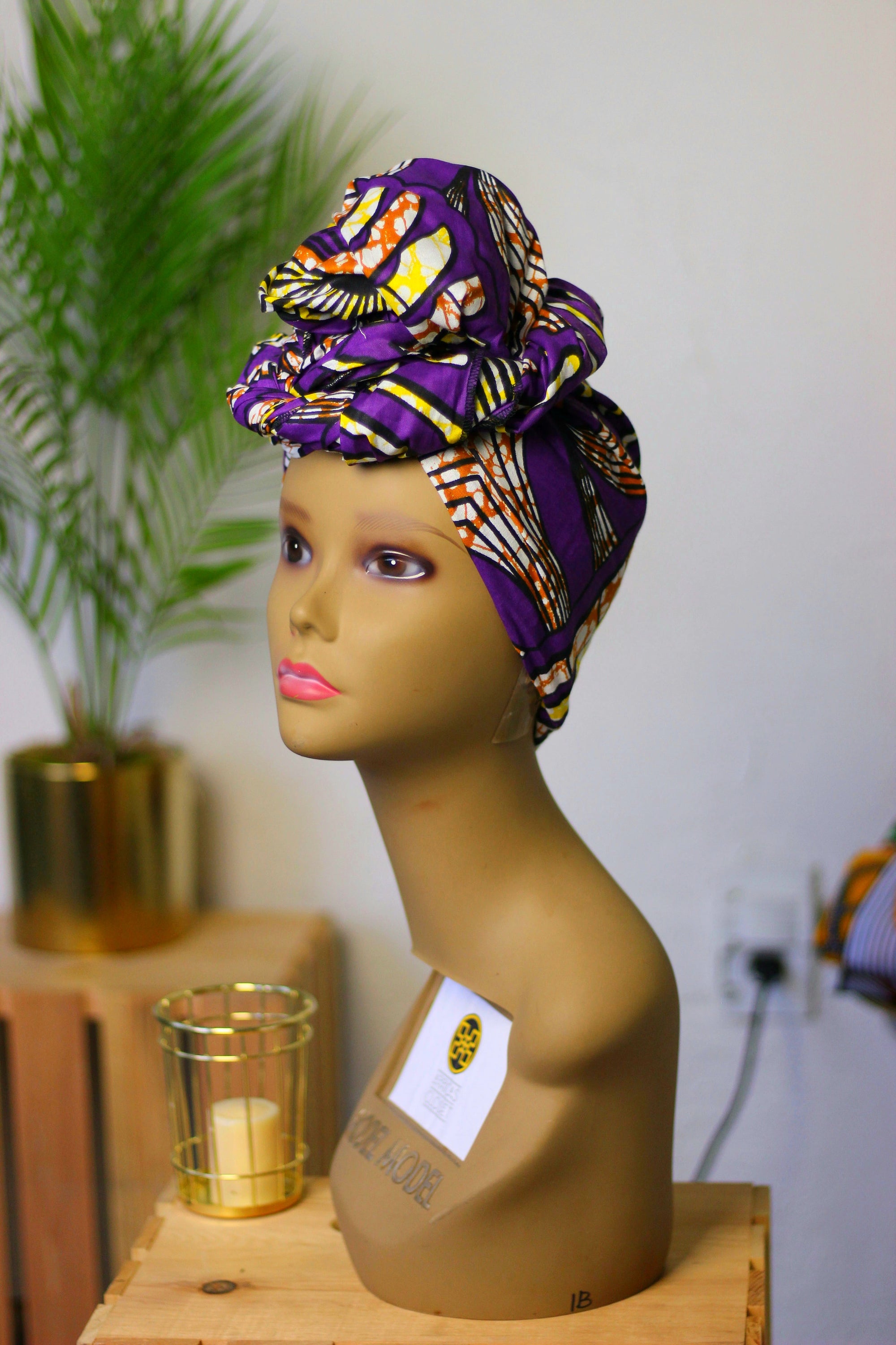 African Print Headwrap (Jumbo) - Purple/Brown/Yellow Floral Print