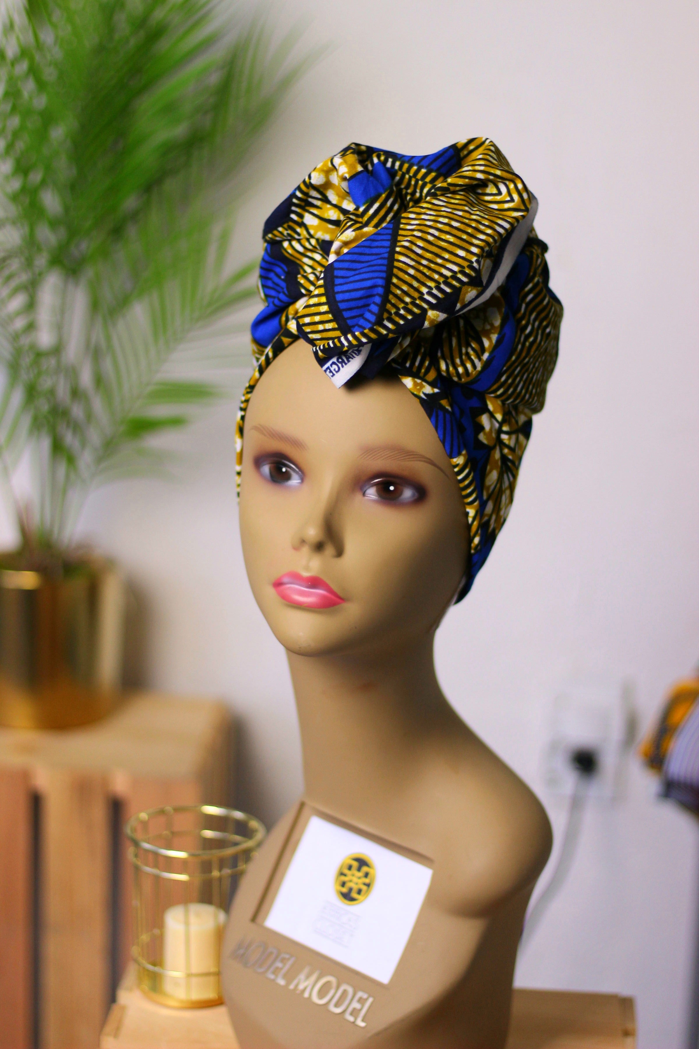 African Print Headwrap (Mini) - Blue/Baige Floral Print