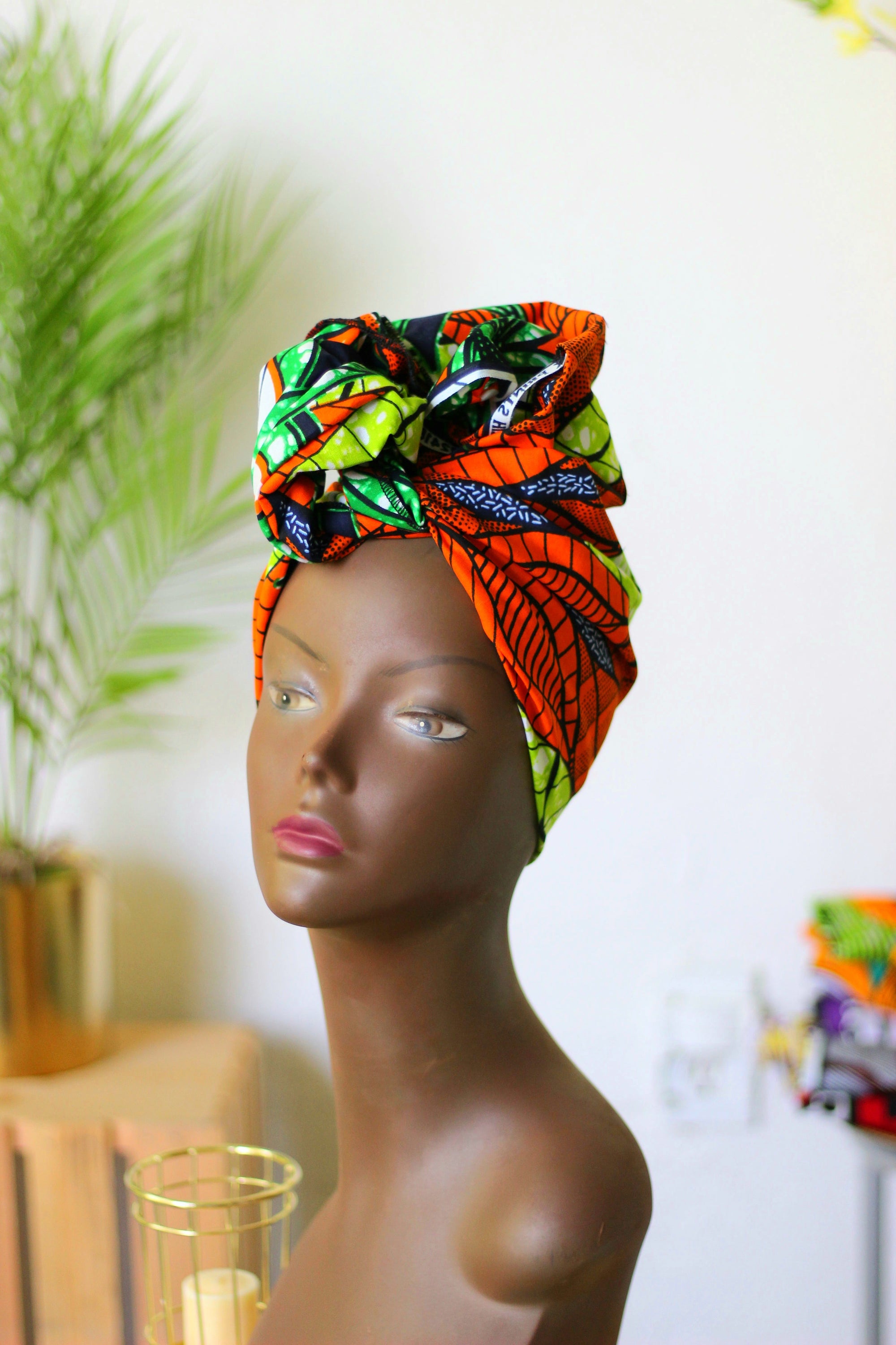 African Print Headwrap (Mini) - Green/Orange /White Floral Print
