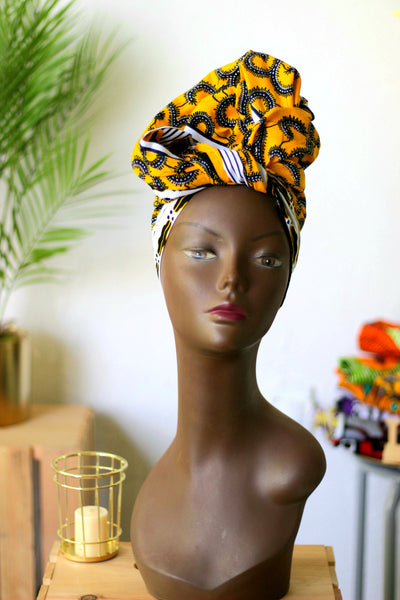 African Print Headwrap (Jumbo) - Yellow/White/Black  Floral Print