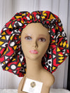 African /Kitenge /Ankara Print Satin Lined Hair Bonnet- Red/Black/Orange TribalPrint