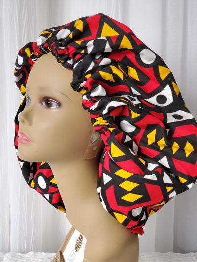 African /Kitenge /Ankara Print Satin Lined Hair Bonnet- Red/Black/Orange TribalPrint