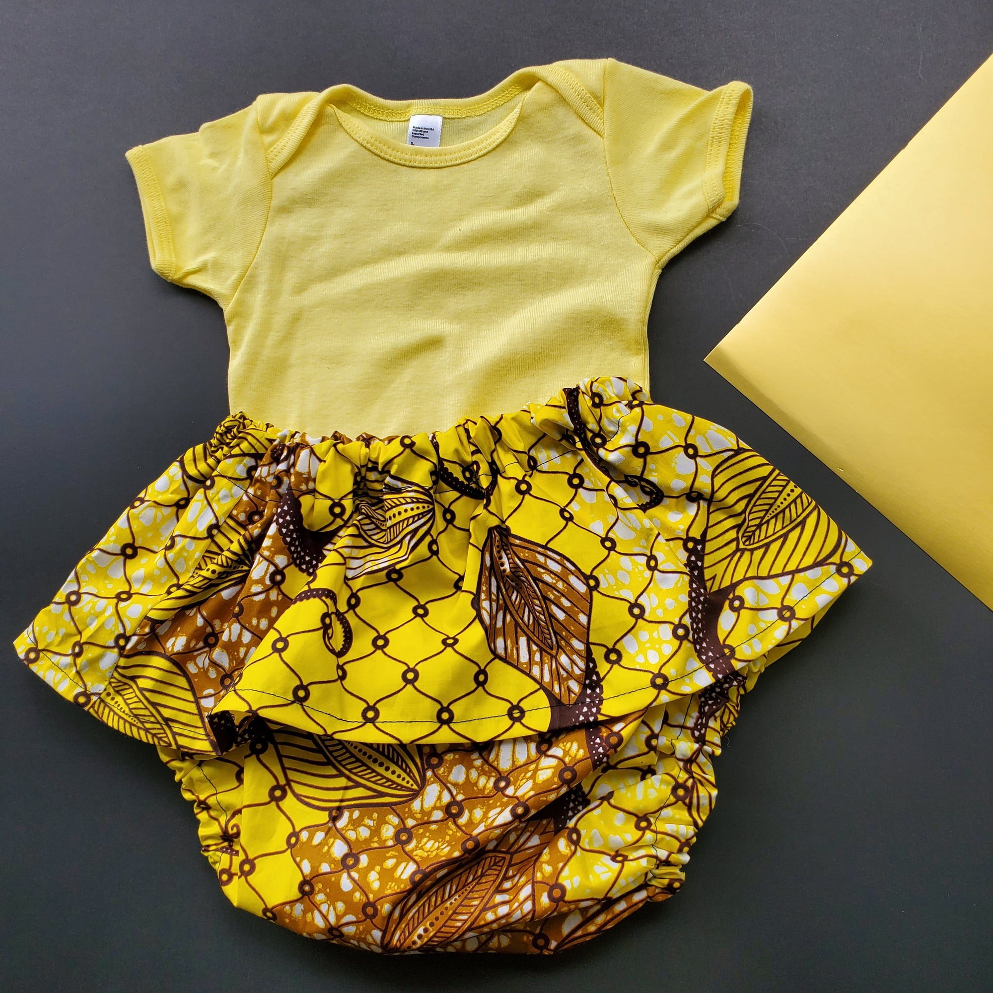 African Print Baby Girl Skirted Bloomers /Diaper Cover - Yellow/Baige/Black Floral Print.
