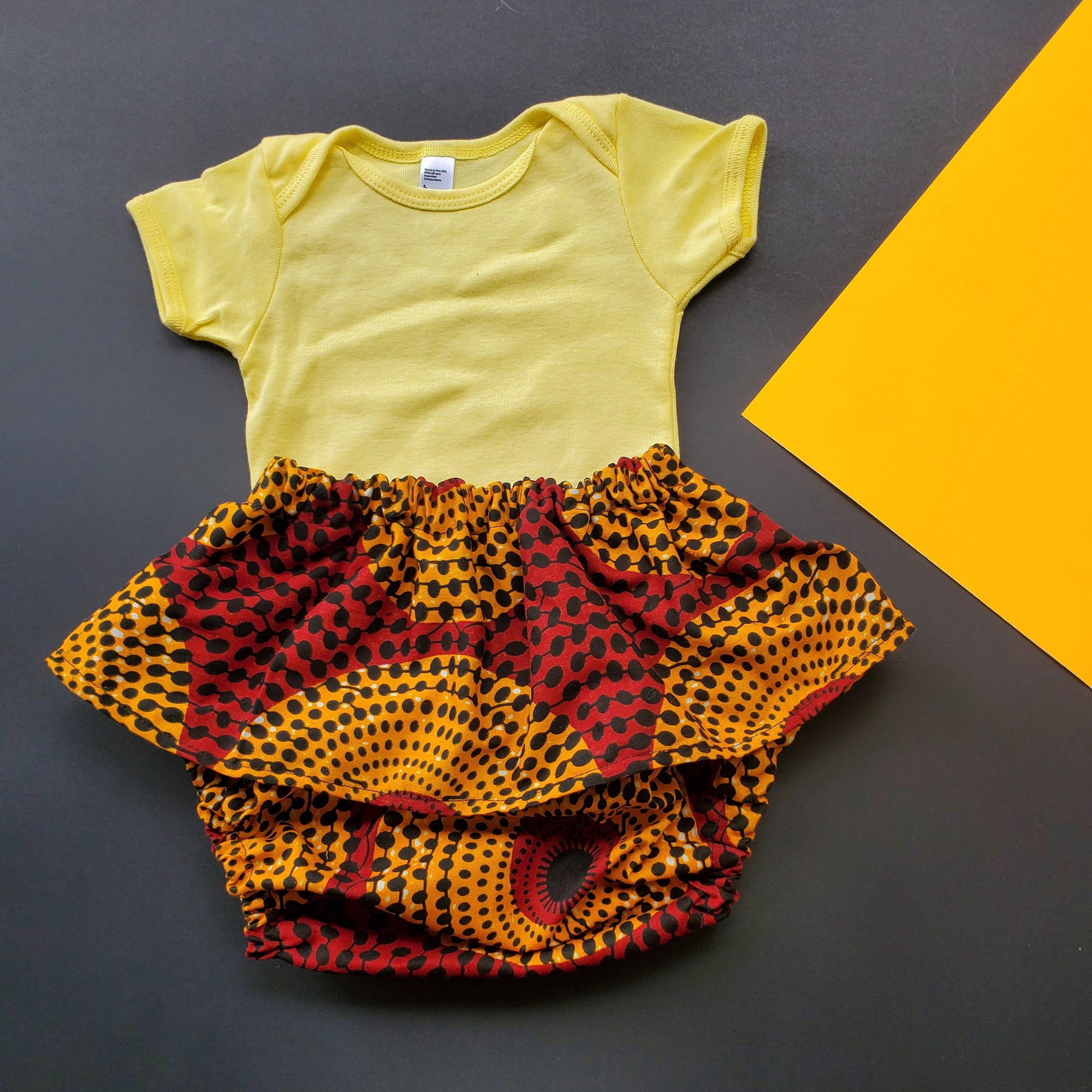 African Print Baby Girl Skirted Bloomers /Diaper Cover - Orange/Maroon/Black Circle Print.