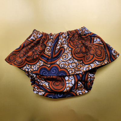 African Print Baby Girl Skirted Bloomers /Diaper Cover - Brown/Baige/Black Floral Print.