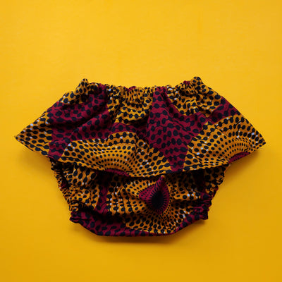 African Print Baby Girl Skirted Bloomers /Diaper Cover - Orange/Maroon/Black Circle Print.