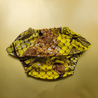 African Print Baby Girl Skirted Bloomers /Diaper Cover - Yellow/Baige/Black Floral Print.