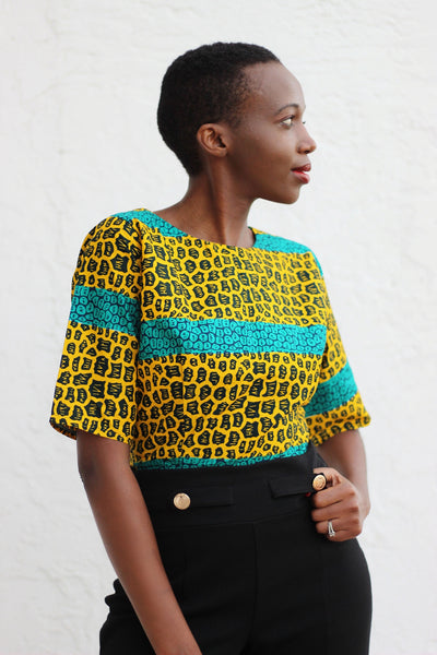 African Print/Kitenge/Ankara Shortsleeved Crop Top - Yellow /Turqoise/Black African Print - Africas Closet