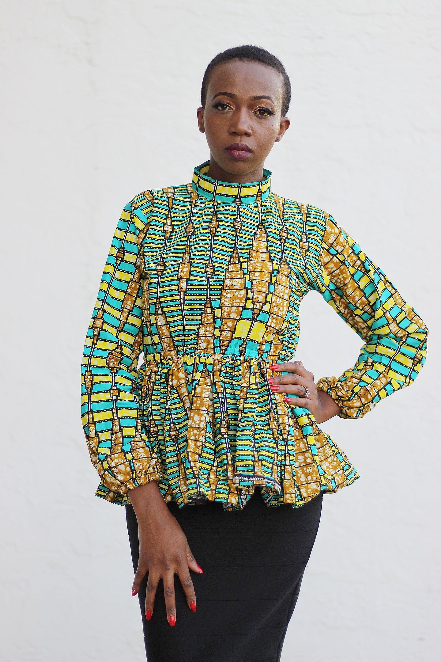African Print Long Sleeved PeplumTop - Turqoise/Gold/Black Geometric Print - Africas Closet
