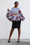 African Print Long Sleeved PeplumTop - White/Red/Black Floral Print - Africas Closet