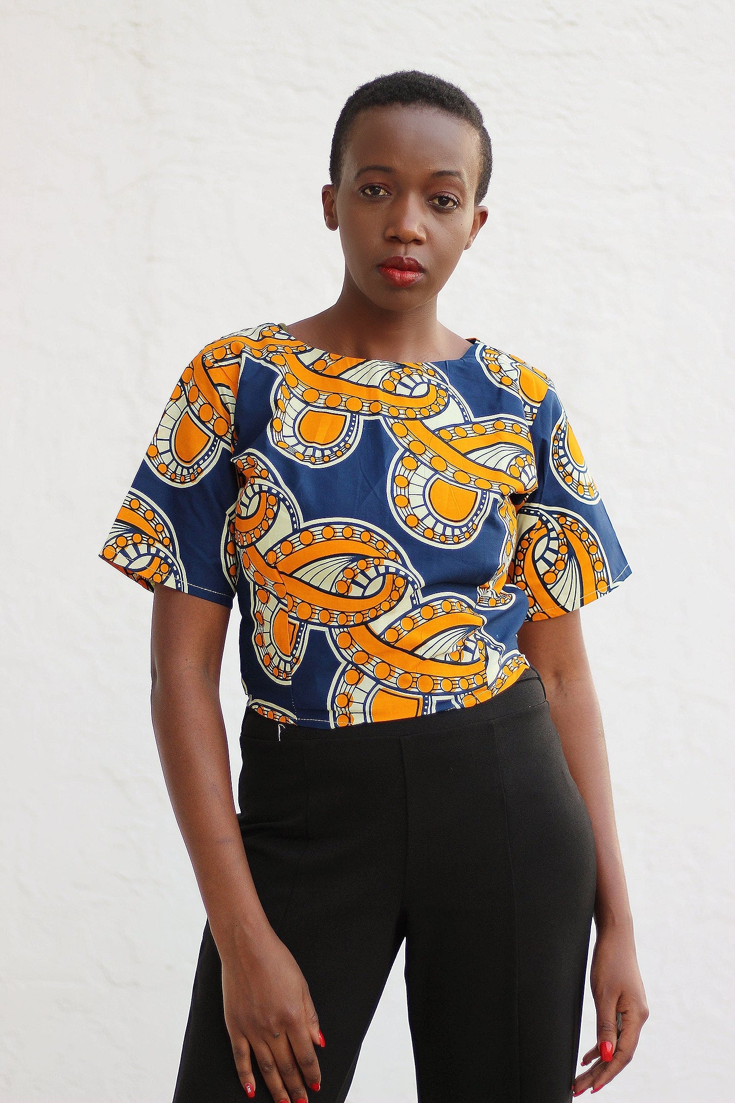 African Print /Ankara/Kitenge Short Sleeve Crop Top  - Musturd Yellow/Navy Blue Floral Print - Africas Closet