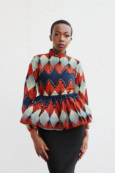 African Print Long Sleeved PeplumTop - Beige/Red/Navy Blue Floral Print - Africas Closet