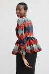 African Print Long Sleeved PeplumTop - Beige/Red/Navy Blue Floral Print - Africas Closet