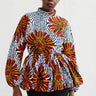 African Print Long Sleeved PeplumTop - White/Red/Black Circle Floral Print - Africas Closet