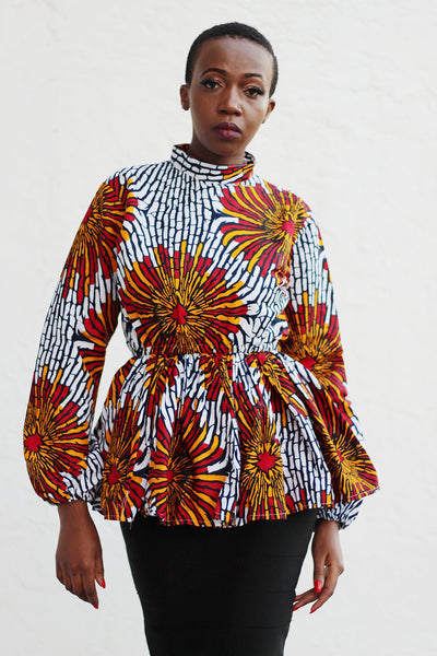 African Print Long Sleeved PeplumTop - White/Red/Black Circle Floral Print - Africas Closet