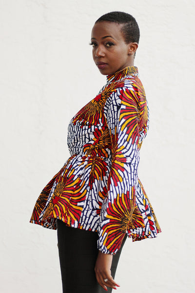 African Print Long Sleeved PeplumTop - White/Red/Black Circle Floral Print - Africas Closet