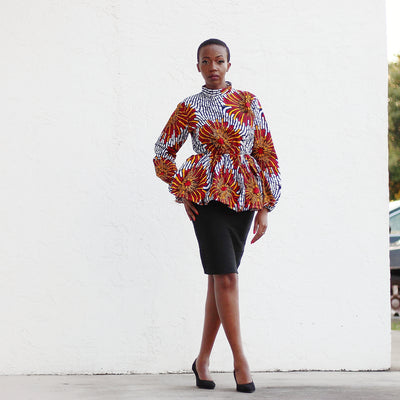 African Print Long Sleeved PeplumTop - White/Red/Black Circle Floral Print - Africas Closet