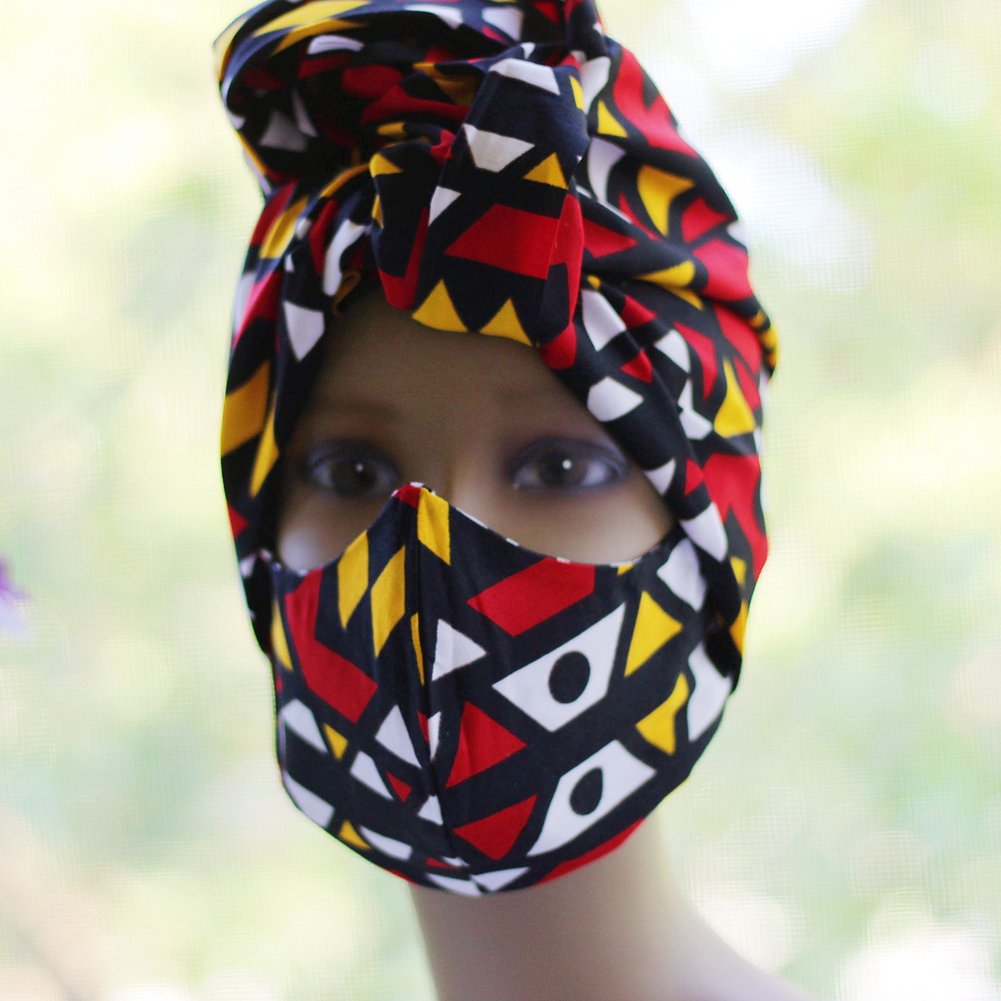 Ankara /African Print Mask (Headwrap Set) - Red/ Orange Tribal Print - Africas Closet
