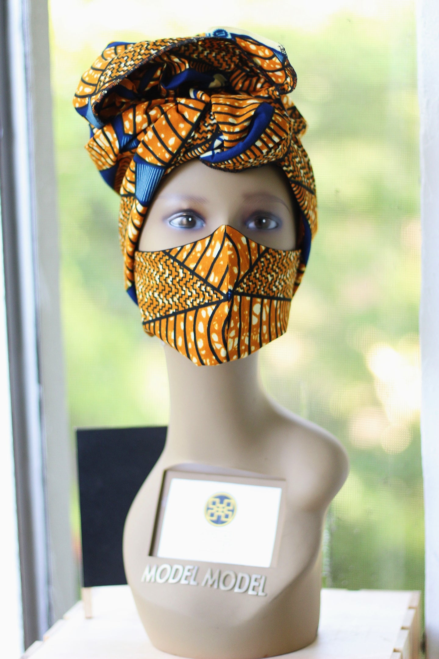 Ankara/African Print Mask (Head wrap Set) -Blue/ Brown Geometric Print