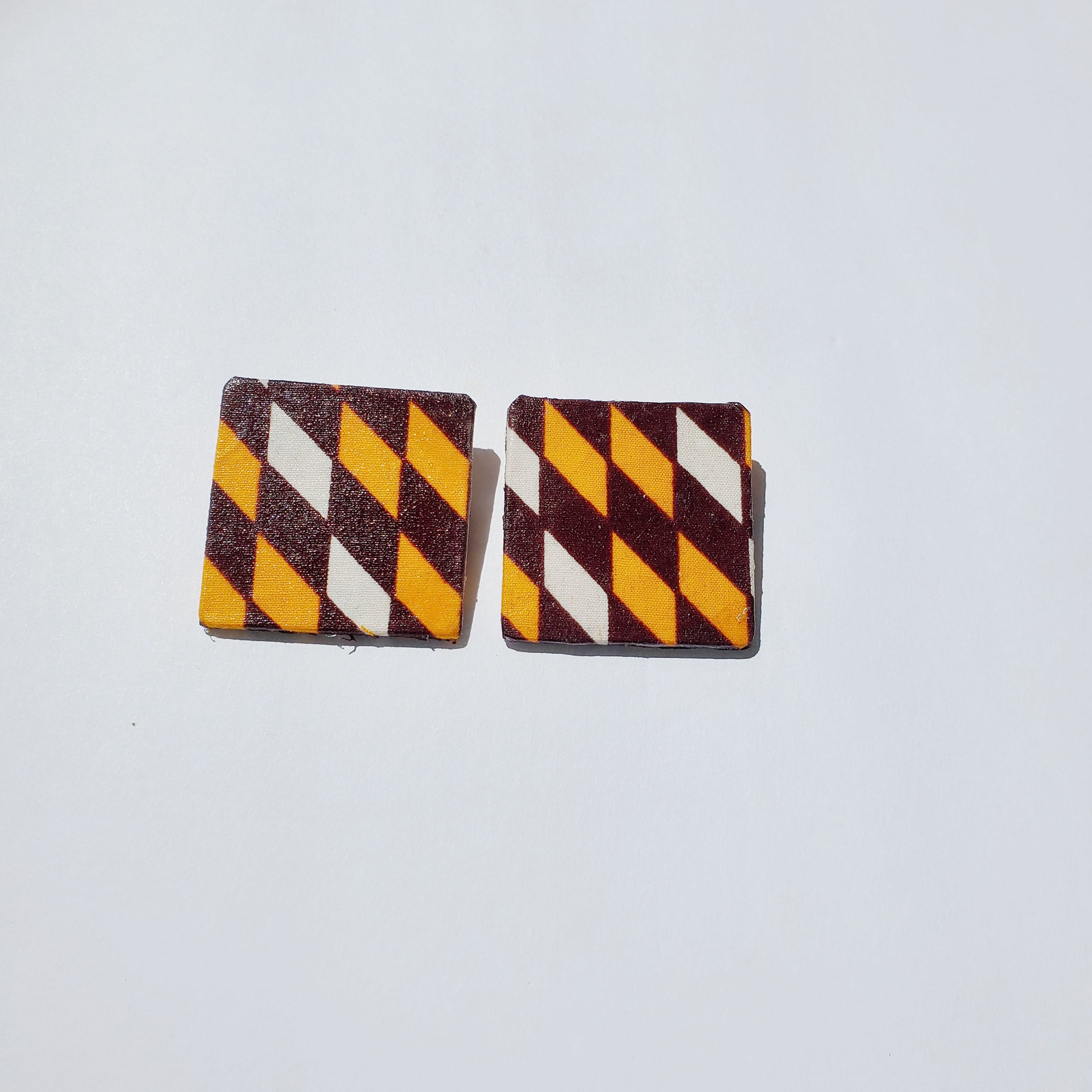 African/ Ankara Square Earrings(studded) - Orange/Brown/White Geometric Print
