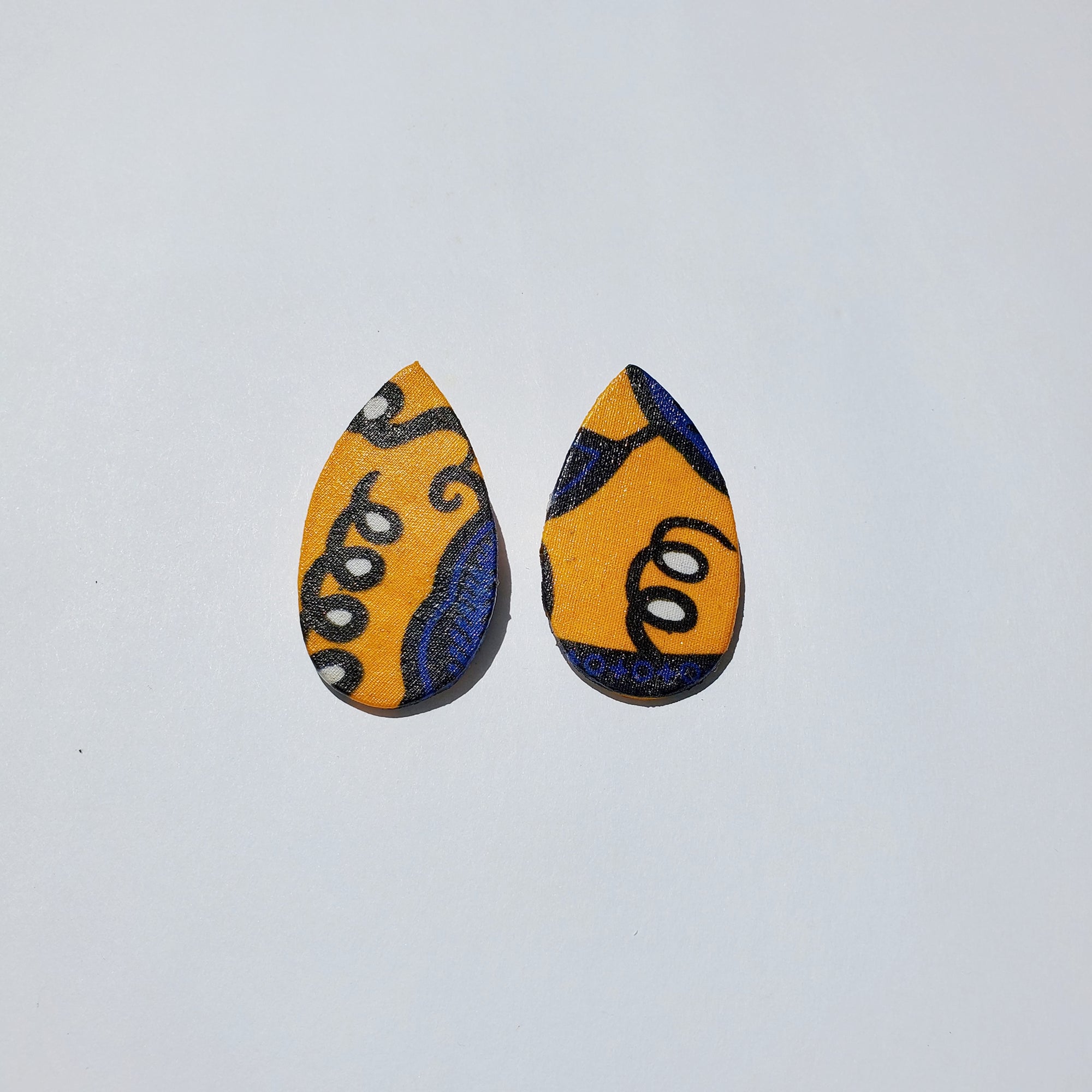 African/ Ankara Tear Drop Earrings(studded) - Black/Orange /Blue Geometric Print